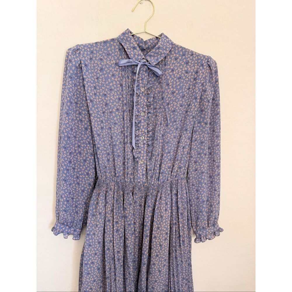 Vtg 70s 80s Prairie Midi Dress Pleated Sheer Floral Cottagecore Boho Ribbon Tie - Picture 2 of 9